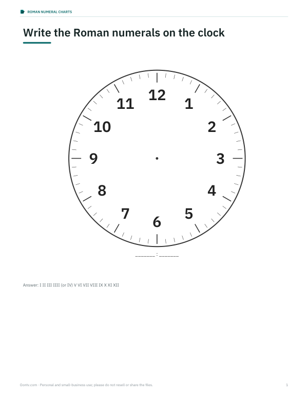 Preview of Printable Roman Numeral Clock Worksheet