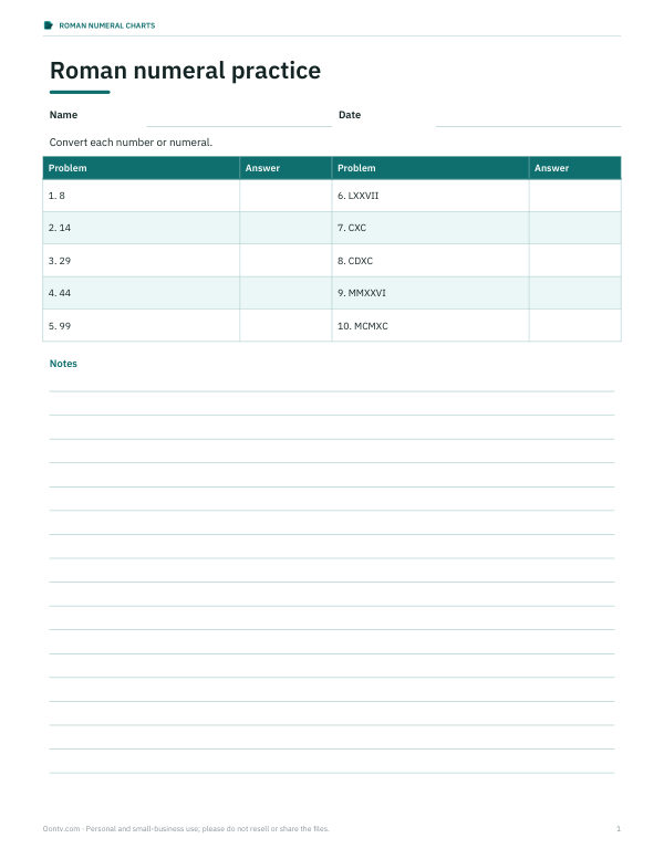 Preview of Printable Roman Numeral Practice Worksheet